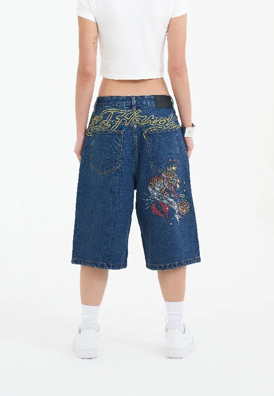 Paperbag waist shorts – Shorts with a gathered, elastic waist and often a belt, creating a relaxed and stylish fit.Womens Tiger King Diamante Denim Jorts Shorts  - Indigo