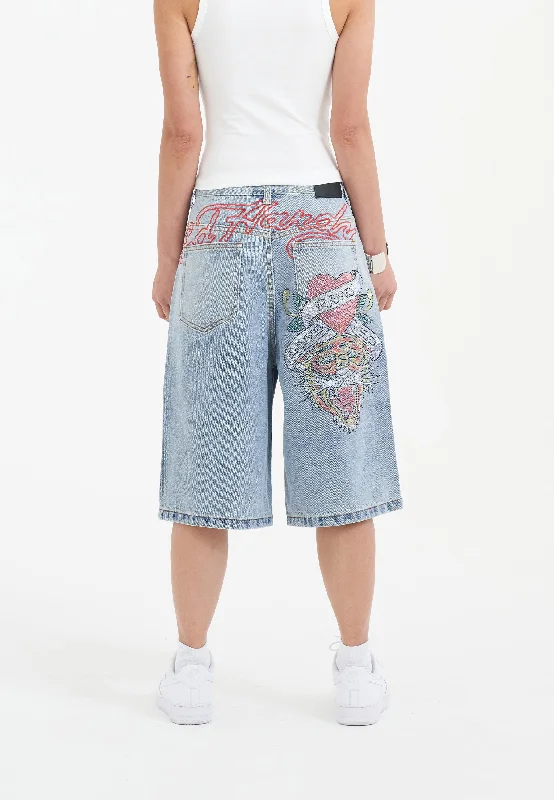 Cut-off shorts – Shorts made by cutting denim or other fabric, typically frayed at the edges for a distressed look.Womens Love Runs Wild Diamante Denim Jorts Shorts  - Bleach