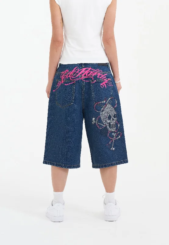 Culottes – Wide-legged, knee-length or mid-calf shorts that resemble a skirt but are more comfortable and practical.Womens Love Wrapped Diamante Denim Jorts Shorts  - Indigo