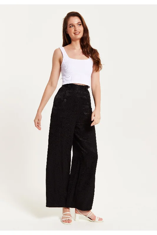 Liquorish Black Animal Print Wide Leg Trousers