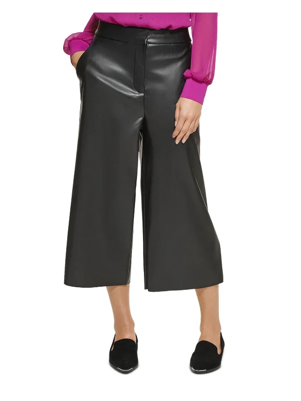 Womens Faux Leather Wide Leg Cropped Pants