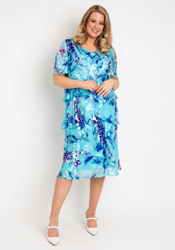 Off-the-shoulder dress – Dress with sleeves or straps that sit below the shoulders, exposing the upper arms.Allison Printed Silk Layered Midi Dress, Turquoise Purple