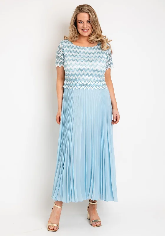 V-neck dress – Dress with a V-shaped neckline that flatters the chest and elongates the neck.Allison Zig Zag Lace Overlay Pleated Maxi Dress, Sky Blue