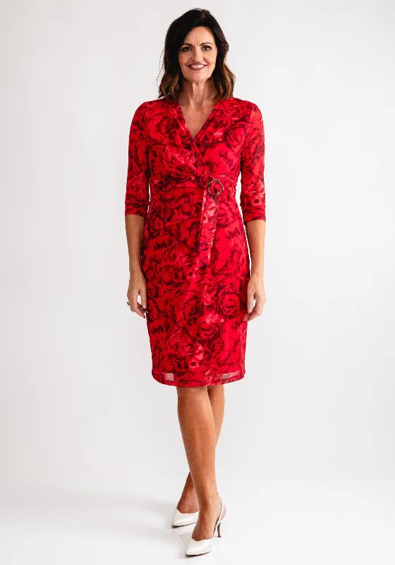 Midi dress – Dress that falls to the mid-calf, giving a balanced, modest, yet stylish appearance.Avalon Rose Print Wrap Buckle Dress, Red