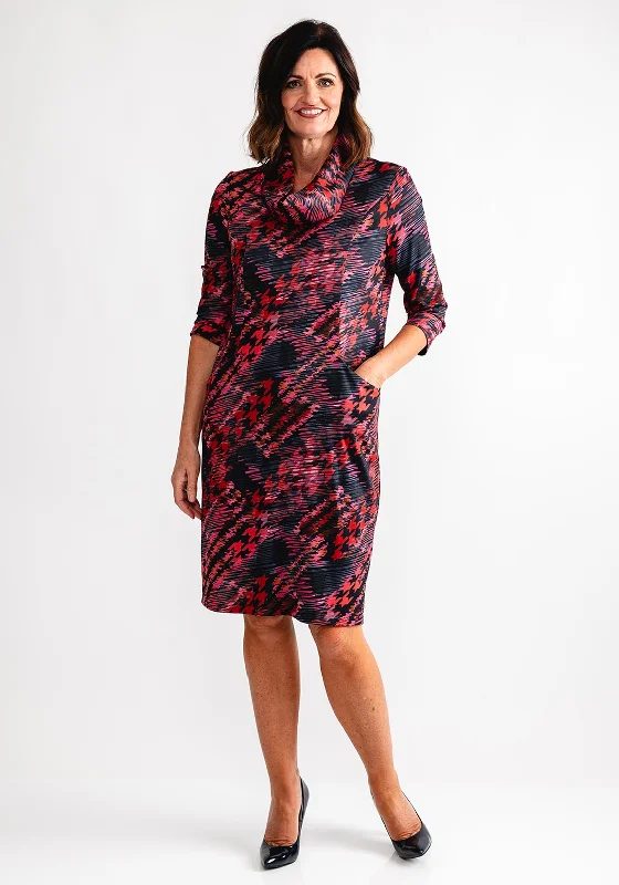 Peplum dress – Dress with a flared ruffle or extra fabric at the waist, adding volume and shaping to the lower half.Avalon Pia Cowl Scarf Neck Tunic Dress, Red Multi