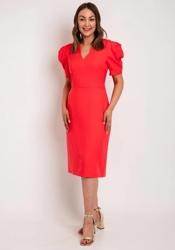 Corset dress – Dress designed with a built-in corset or lace-up feature to create a cinched, structured waist.Camelot V-Neck Puff Sleeve Knee Length Dress, Coral