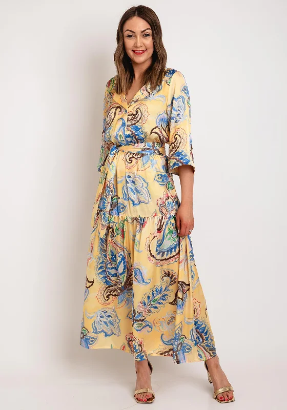 Ball gown dress – Formal, full-skirted dress often worn for weddings, proms, or galas.Camelot Floral Satin Touch Maxi Dress, Yellow