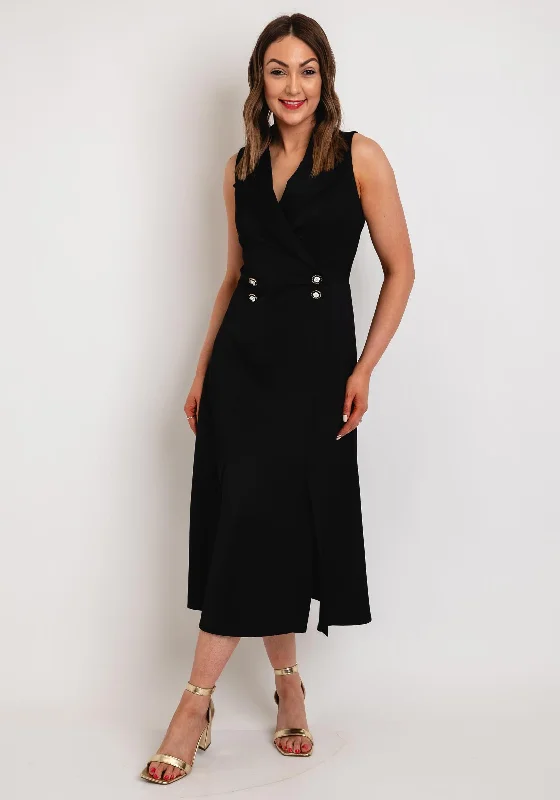 T-shirt dress – Casual dress made from T-shirt-like material, typically loose-fitting and comfortable.Camelot Double Breasted Satin Touch Midi Dress, Black