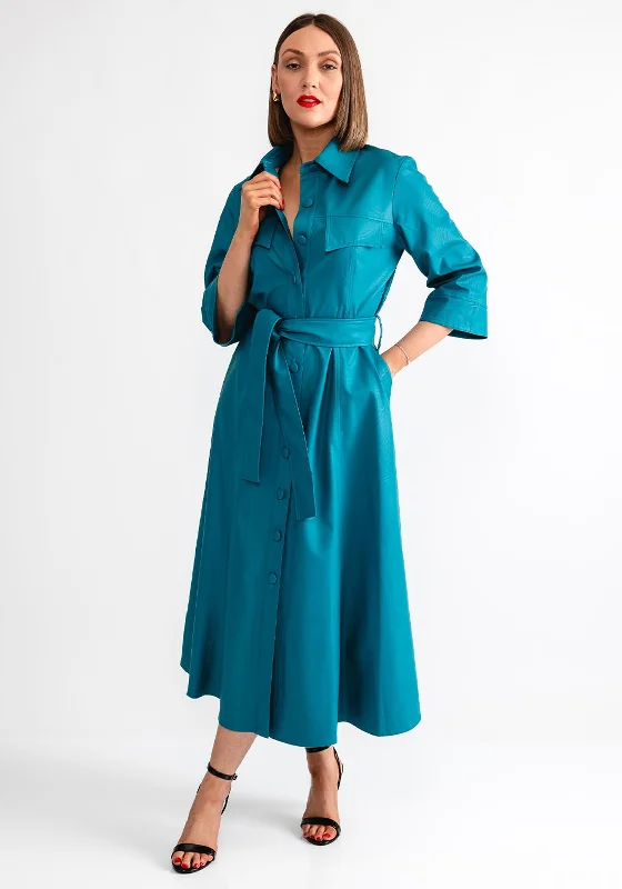 Empire waist dress – Dress with a high waistline, just under the bust, for a flattering silhouette.Camelot Faux Leather Shirt Dress, Teal Blue