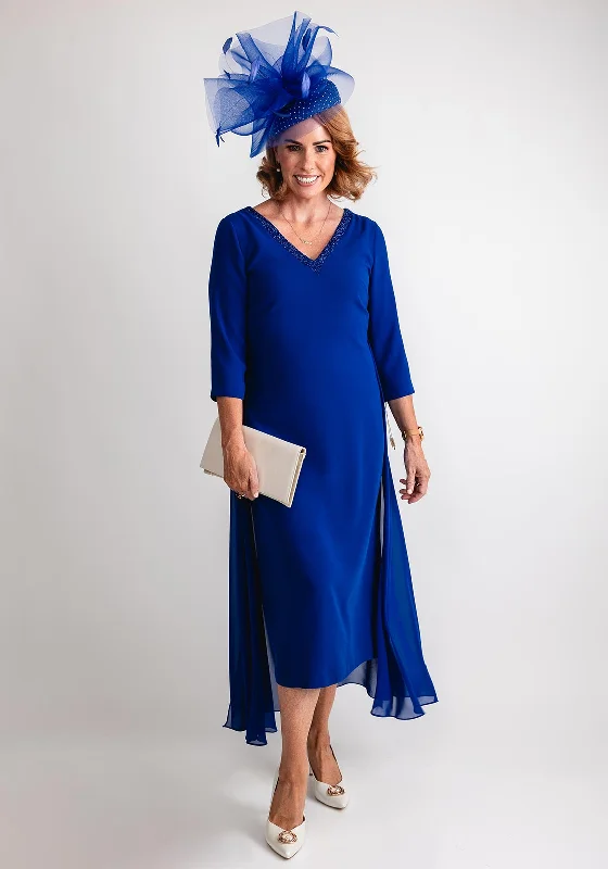 Off-the-shoulder dress – Dress with sleeves or straps that sit below the shoulders, exposing the upper arms.Cassandra Sue Diamante Trim Chiffon Dress, Royal Blue