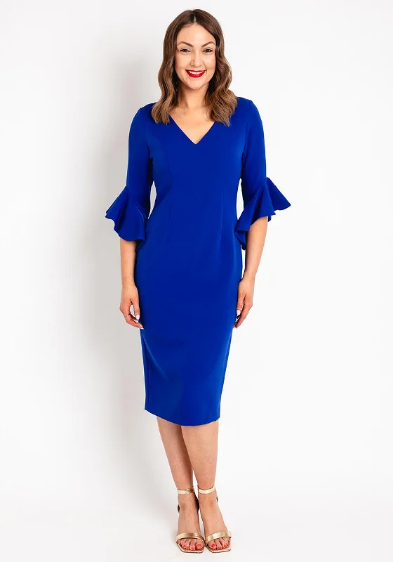 Bodycon dress – Tight-fitting dress that hugs the body and emphasizes curves.Castings Ruffled Three Quarter Sleeve Midi Dress, Azul