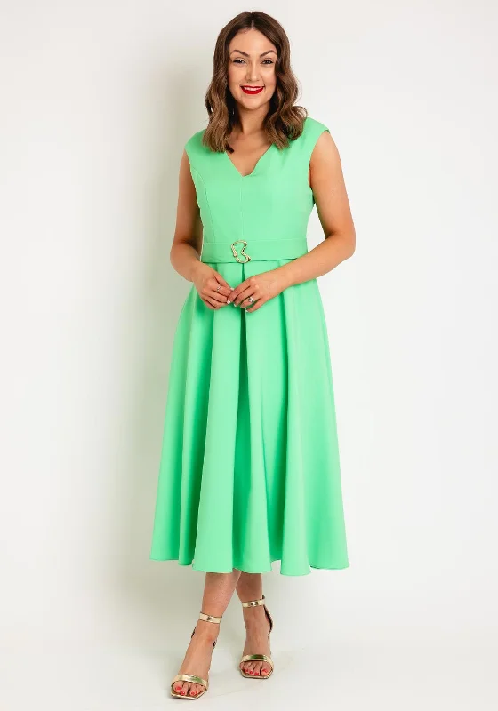 Tulle dress – Dress made with soft, voluminous tulle fabric, often worn for formal occasions or as part of a bridal outfit.Castings Belted Waist with Gold Brooch Midi A-line Dress, Menta Green