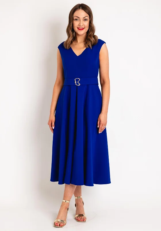 T-shirt dress – Casual dress made from T-shirt-like material, typically loose-fitting and comfortable.Castings Belted Waist with Gold Brooch Midi A-line Dress, Azul