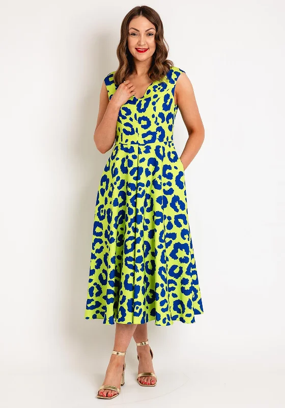 Sheath dress – Form-fitting dress that hugs the body and typically hits just above or at the knee.Castings Leopard Print A-line Midi Dress, Lime