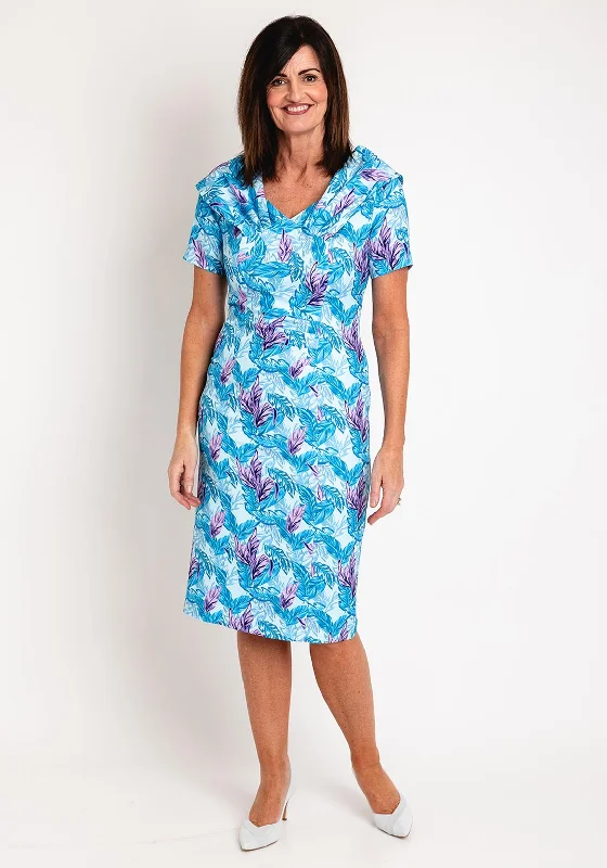 A-line dress – Dress that is fitted at the top and gradually flares out, creating an A-shape silhouette.Coco Doll Perry Feather Print Midi Pencil Dress, Blue