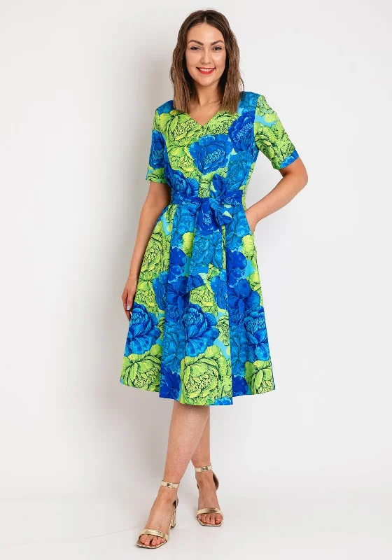 Halterneck dress – Dress with straps that tie around the neck, leaving the shoulders and back exposed.Coco Doll Judy Floral Midi Dress, Royal Green