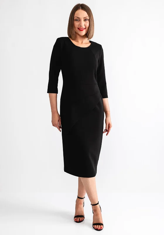 A-line dress – Dress that is fitted at the top and gradually flares out, creating an A-shape silhouette.Coco Doll Pola Asymmetric Panel Pencil Dress, Black