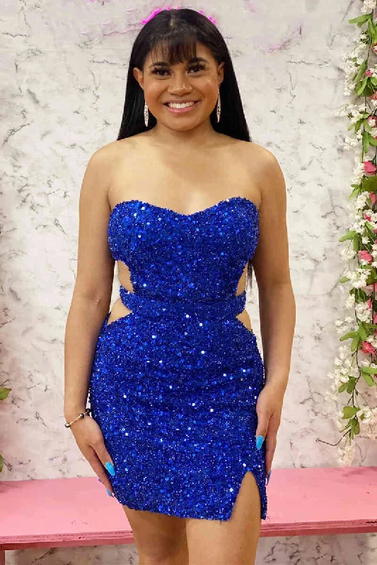 Balloon skirt – Skirt that is voluminous at the bottom and gathered at the waist for a dramatic effect.Cutout Waist Royal Blue Strapless Mini Homecoming Dress