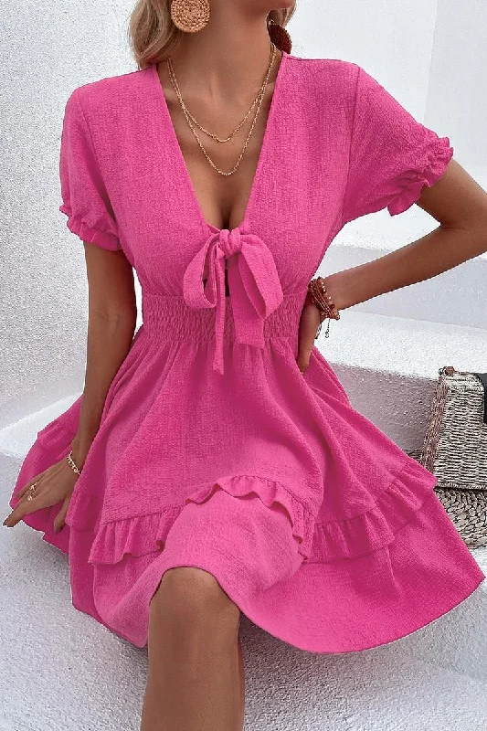 A-line skirt – Skirt that is fitted at the hips and gradually flares out toward the hem.PUFF LACE RUFFLED TIED CHEST MINI DRESS