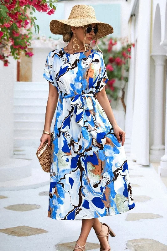 Bodycon dress – Tight-fitting dress that hugs the body and emphasizes curves.MARBLE PRINTING WAIST TIED WOMEN MIDI DRESS