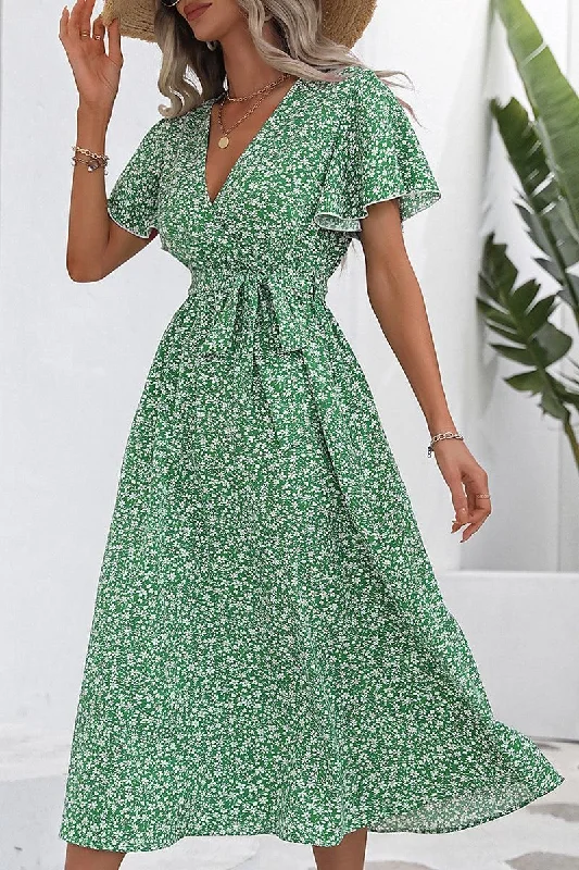 Slip dress – Simple, silky dress with spaghetti straps, resembling a slip, often worn casually or for evening wear.WOMEN RUFFLED SLEEVE HIGH WAIST SWING DRESS