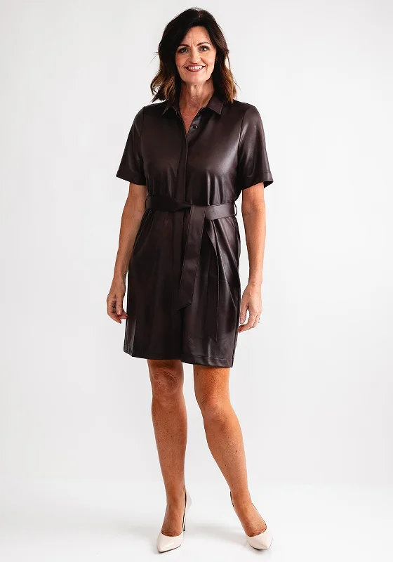 Belted dress – Dress with a belt or waist tie, offering definition and shaping at the waist.Eva Kayan Faux Leather Shirt Dress, Brown