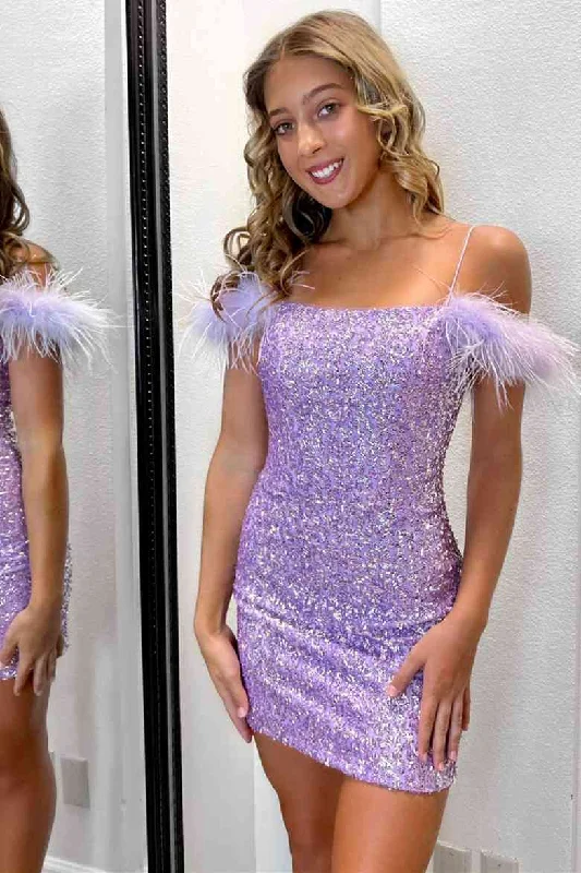 Cargo skirt – Skirt with utility-style pockets, similar to cargo pants.Feather Cold Shoulder Lilac Sequins Mini Homecoming Dress