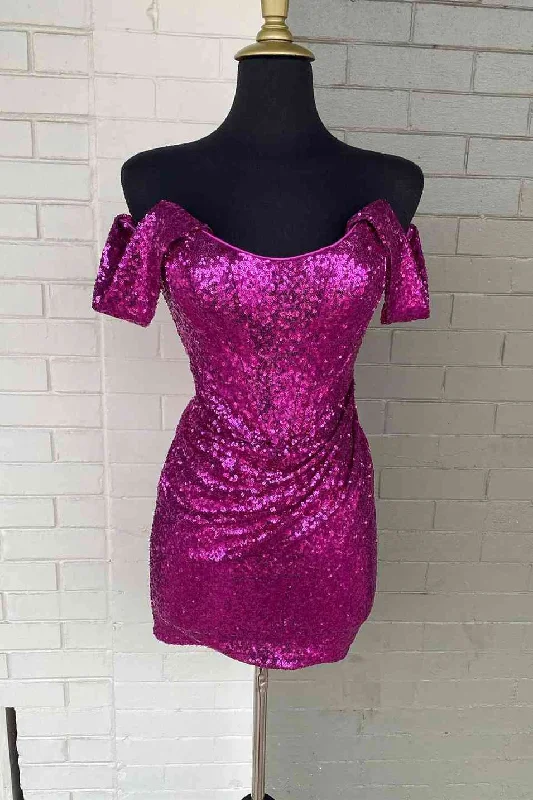 Midi skirt – Skirt that falls to the mid-calf, creating a more modest and elegant look.Fitted Off the Shoulder Fuchsia Sequined Mini Homecoming Dress