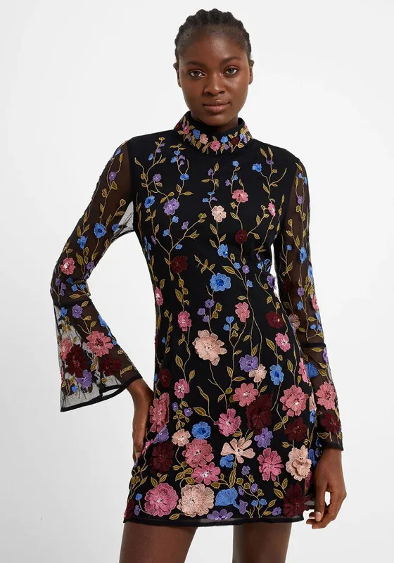 Slip skirt – A silky or satin skirt that mimics a slip dress, often worn for a smooth, elegant look.French Connection Astrida Floral Embellished Mini Dress, Black Multi