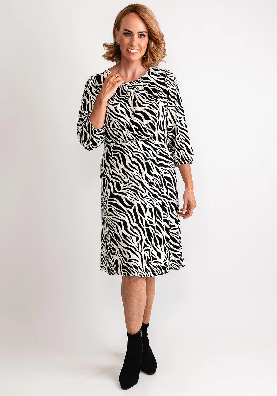 Slip dress – Simple, silky dress with spaghetti straps, resembling a slip, often worn casually or for evening wear.Fransa Flora Zebra Jersey Dress, Black & White