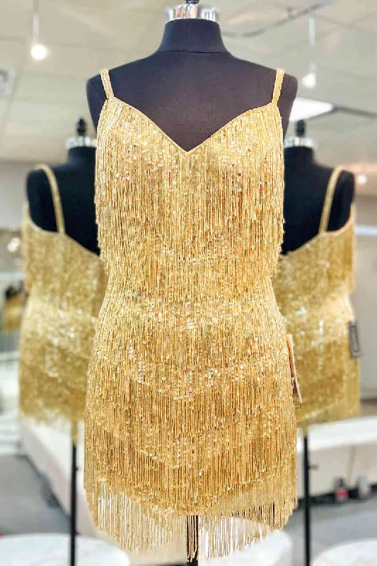 Pleated skirt – Skirt with folds or pleats, adding volume and texture to the fabric.Fringe Bodice Gold Mini Homecoming Dress