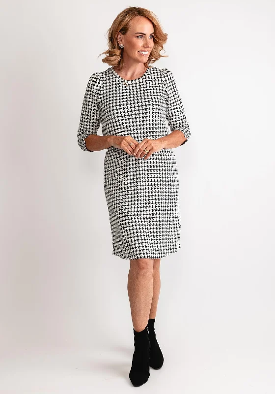 Midi dress – Dress that falls to the mid-calf, giving a balanced, modest, yet stylish appearance.Fransa Noreen Houndstooth Jersey Dress, Black & White