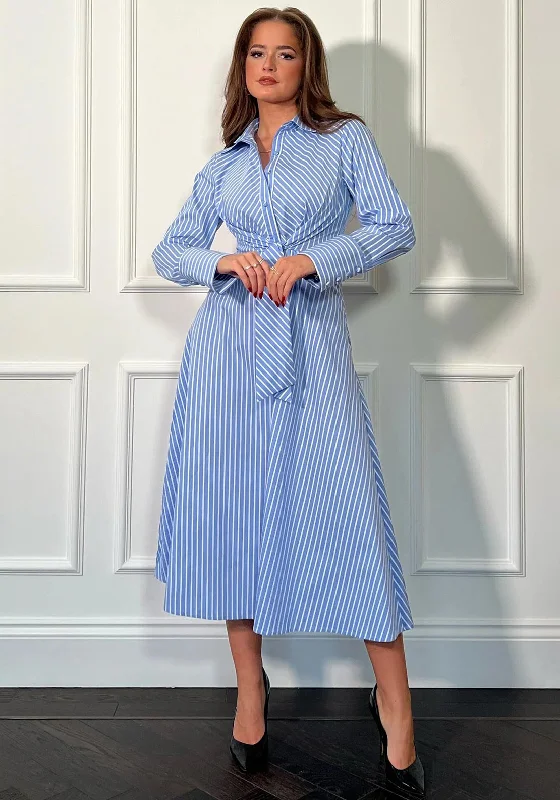 Tea-length dress – Dress that falls between the knee and ankle, perfect for more formal or vintage-inspired occasions.Girl In Mind Isabella Pinstripe Tie Front Midi Shirt Dress, Blue