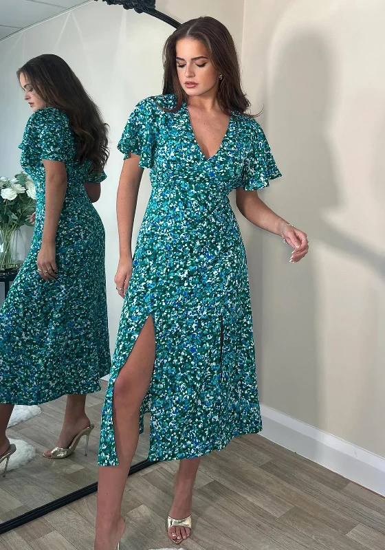 Halterneck dress – Dress with straps that tie around the neck, leaving the shoulders and back exposed.Girl In Mind Levi Angel Sleeve Split Leg Midi Dress, Green