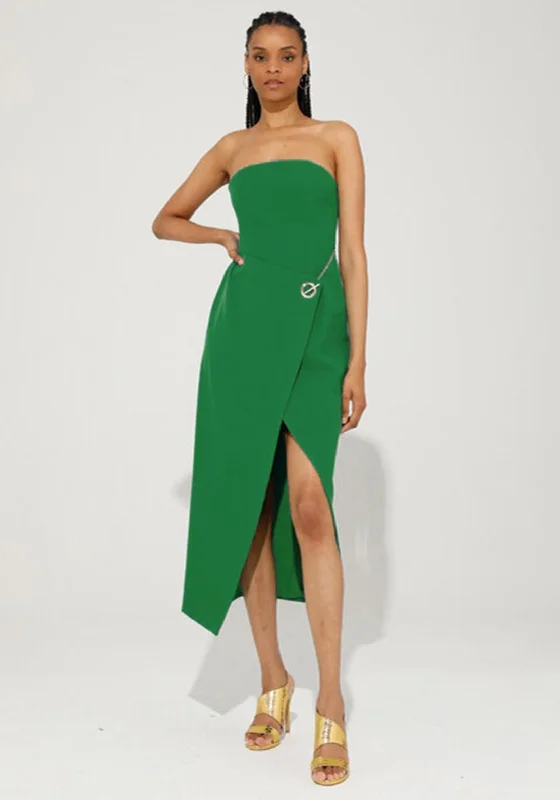 Sundress – Light, sleeveless dress typically worn in warm weather, often made from cotton or linen.Goa Goa Ella Strapless Chain Wrap Pencil Dress, Green