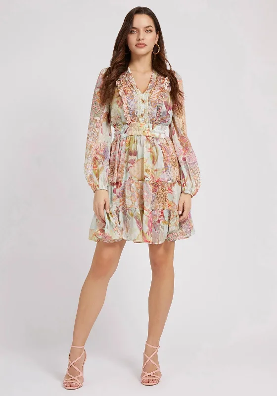 Chiffon skirt – Lightweight, semi-sheer skirt made from chiffon fabric for a breezy and elegant look.Guess Womens Tiered Mini Dress, Floral Fantasy