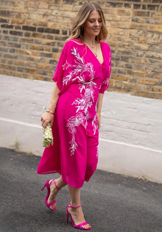 Corset dress – Dress designed with a built-in corset or lace-up feature to create a cinched, structured waist.Hope & Ivy Christine Embroidered Flutter Sleeve Midi Dress, Magenta