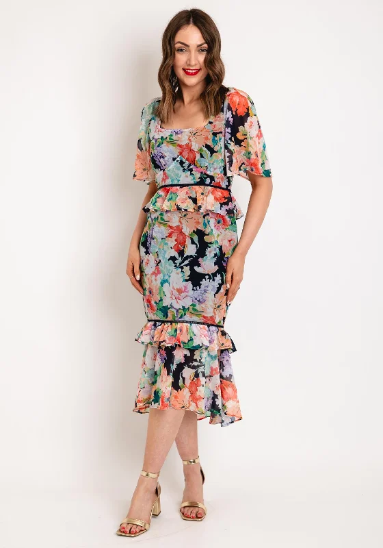 Fit-and-flare dress – Dress that is fitted at the top and flares out at the bottom, offering a feminine and flattering shape.Hope & Ivy Effie Square Neck Contrast Ladder Trim Midi Dress, Multi