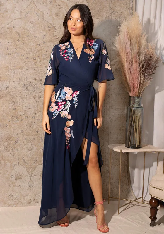 T-shirt dress – Casual dress made from T-shirt-like material, typically loose-fitting and comfortable.Hope & Ivy Gisela Embroidered Flutter Sleeve Maxi Wrap Dress, Navy