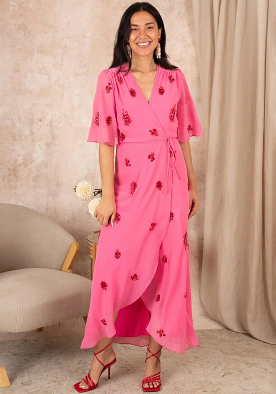 Halterneck dress – Dress with straps that tie around the neck, leaving the shoulders and back exposed.Hope & Ivy Hebe Embellished Wrap Maxi Dress, Pink