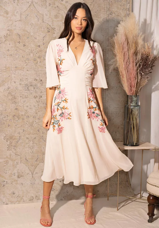 Tulle dress – Dress made with soft, voluminous tulle fabric, often worn for formal occasions or as part of a bridal outfit.Hope & Ivy Lovisa Embroidered Flutter Sleeve Midi Dress, Blush