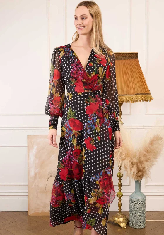 Halterneck dress – Dress with straps that tie around the neck, leaving the shoulders and back exposed.Hope & Ivy Moni Floral Dot Long Wrap Dress, Black