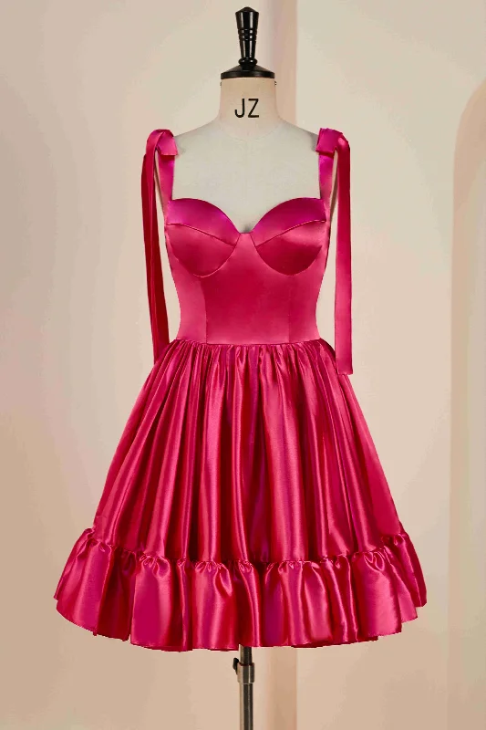 Tea-length dress – Dress that falls between the knee and ankle, perfect for more formal or vintage-inspired occasions.Hot Pink Bow Tie Ruffle Short Homecoming Dress