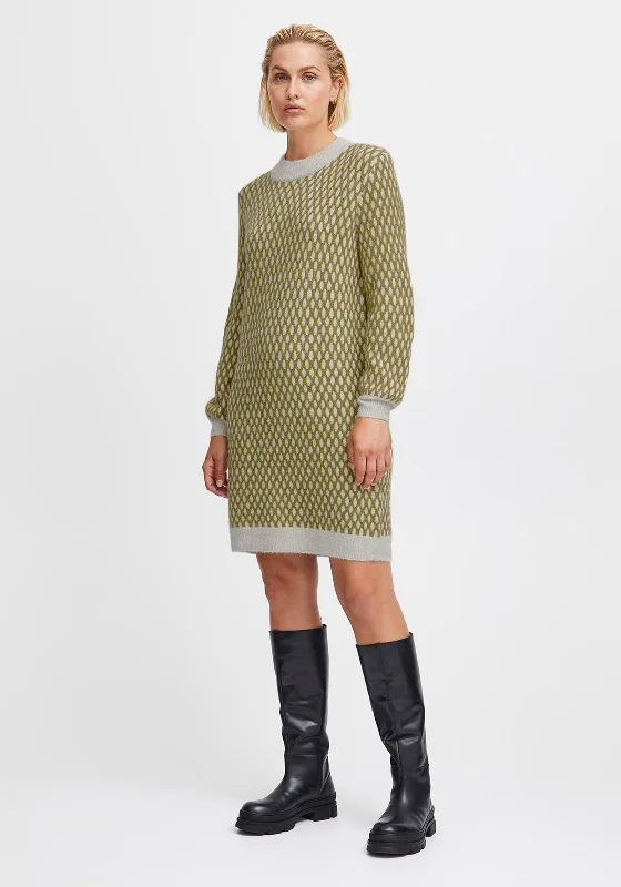 Houndstooth skirt – Skirt featuring the classic houndstooth pattern, often in black and white.Ichi Kamara Knit Mini Jumper Dress, Green Moss