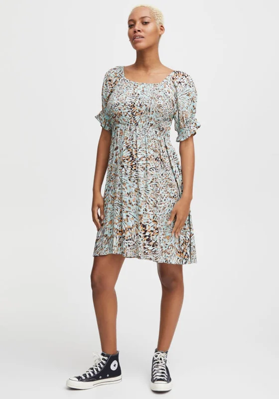 Asymmetrical skirt – Skirt with an uneven or diagonal hemline for a modern and unique appearance.Ichi Printed Mini Smock Dress, Mint Multi