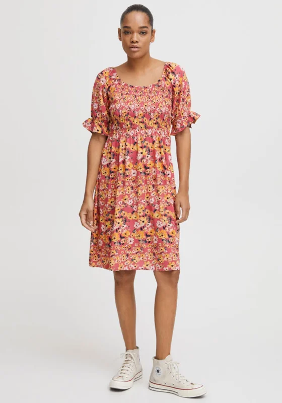 Pencil skirt – Tight-fitting skirt that hugs the body and usually falls to or just below the knee.Ichi Printed Mini Smock Dress, Pink Multi