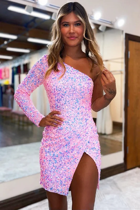 V-neck dress – Dress with a V-shaped neckline that flatters the chest and elongates the neck.Iridescent Pink One Shoulder Long Sleeves Tight Homecoming Dress with Slit