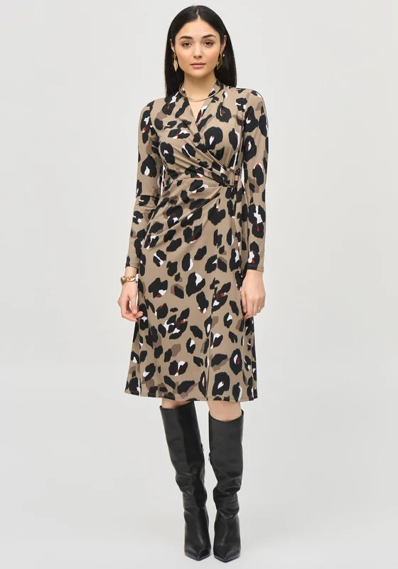 Ball gown dress – Formal, full-skirted dress often worn for weddings, proms, or galas.Joseph Ribkoff Leopard Print Midi Wrap Dress, Brown Multi