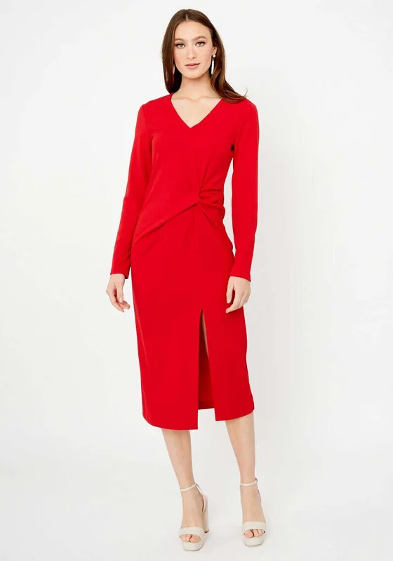 A-line dress – Dress that is fitted at the top and gradually flares out, creating an A-shape silhouette.Joseph Ribkoff Knot Detail Slit Midi Dress, Red