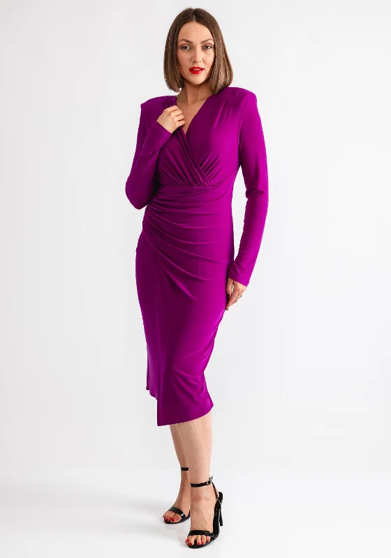 Corset dress – Dress designed with a built-in corset or lace-up feature to create a cinched, structured waist.Joseph Ribkoff Ruched Pencil Midi Dress, Purple